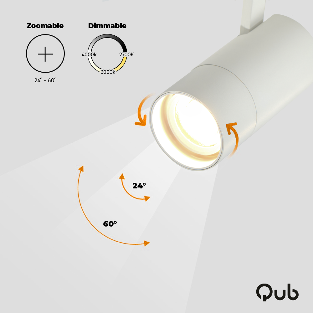 Witte Zoombare LED-railspot met instelbare bundelhoek (24°/60°) en dimbare kleurtemperatuur